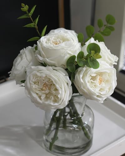 CHASMILE Artificial Flowers with White Roses in Vase, Fix Lifelike Fake Flowers in Vase with Artificial Water, Faux Flower Arrangements for Dining Table Centerpiece Decor - color: White Simulated Rose With Vase