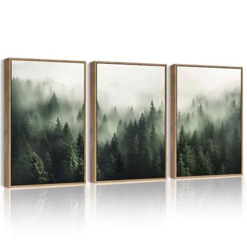 PHOPAGO Green Fog Pine Tree Framed Wall Art Nature Misty Nordic Forests Artwork Morden Paints for Kitchen Hallway Decor - 11x14in Natural Framed - color: Green Pine Forest, size: 14L" x 11W" x 3 Pcs Natural