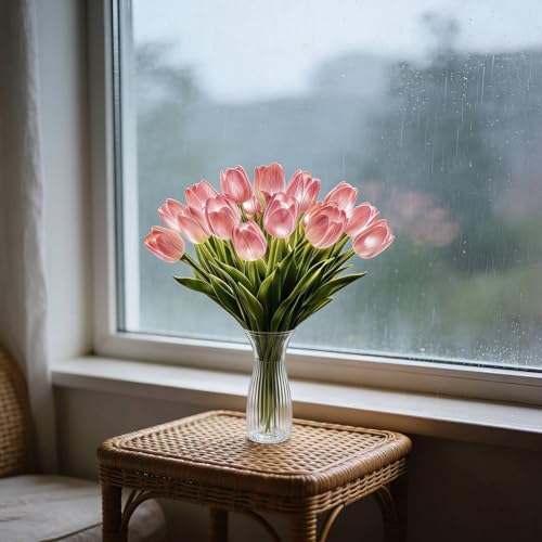 15pcs LED Lighted Artificial Flowers Tulip Lamp with Vase Real Touch Tulips Faux Flower Lights for Valentines Day Gift Easter Home Kitchen Wedding Dining Table Decor (Pink) - color: 15pcs Pink