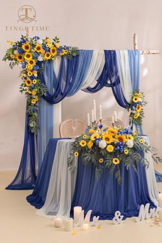 TINGE TIME Wedding Arch Flowers Kit - Deluxe 5pcs Artificial Floral Swag with 3 Sheer Drapes, Realistic Silk Flower Arrangements for Wedding Ceremony Arbor Backdrop Reception Party Home Decor - color: Sunflower & Royal Blue