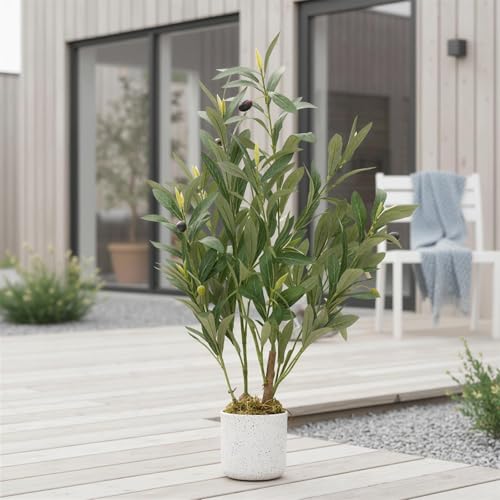 Potted Faux Olive Tree 2FT/23.6inch, Indoor Artificial Olive Plant Trees with White Pot adn Moss, Realistic Leaves and Fruits, Fake Floor Plants Olive Tree for Home House Office Décor