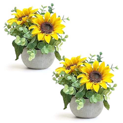2 Pack Artificial Flowers with Pot, Silk Sunflowers with Eucalyptus Fake Potted Plants Sunflower Centerpieces for Tables Home Office Room Shelf Desk Plant Decor - color: 2 Pack Sunflowers