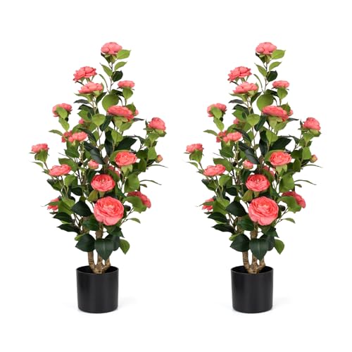 Romantic Season 2Pack Artificial Camellia Tree 3FT, Pink Faux Camellia Plant Fake Potted Camellia Flower Tree Plastic Camellia Tree for Modern Home Office Living Room Floor Décor Indoor - color: Pink, size: 3FT
