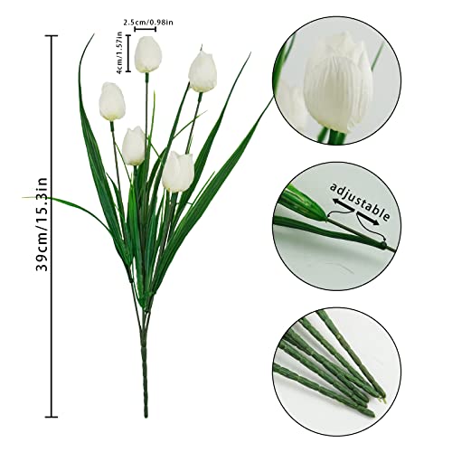 12 Bundles Tulips Artificial Flowers, 60 Heads Outdoor Artificial Tulip Faux Plastic Greenery Shrubs Plants UV Resistant for Easter Home Outside Garden Porch Window Decor (White) - color: White, size: 12 PCS