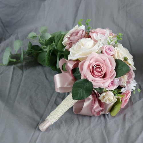 8.7 Inch Cascading Wedding Bouquet for Bride with Artificial Dusty Rose Flower Greenery Rustic Waterfall Cascade Bridal Wedding Bride Bridesmaid Bouquet Dusty Pink - color: Dusty Rose