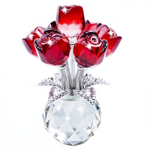 TWINKLING Crystal Roses Figurine with Round Vase, Glass Rose Crystal Flowers Bouquet, Birthday, Anniversary,Wedding, Home Décor,Silver Leaf (Red) - color: Red(silver Leaf)