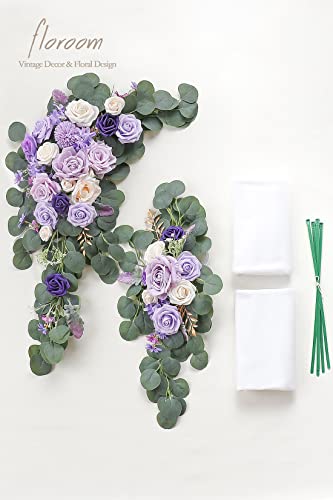 Floroom Arch Flowers with Drapes Kit (Pack of 4) - 2pcs Artificial Lilac Lavender Purple Floral Swag Arrangement with 2pcs Draping Fabric for Wedding Ceremony Arbor and Reception Backdrop Decoration - color: Lilac & Cream