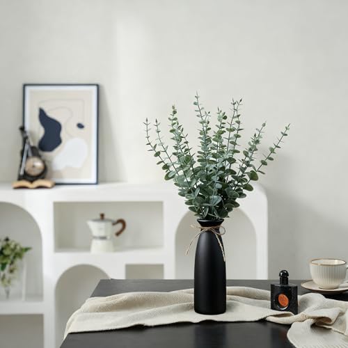 Vase with Greenery, 20pcs Artificial Eucalyptus Stems in Black Vase, Fake Plant Home Decor, 19" Decorative Faux Plants for Home Farmhouse Mantle Centerpiece Decor - color: Black