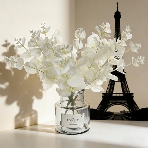 Tinsow 5 Pcs Artificial Eucalyptus Branches Real Touch Leaf Stem White Faux Eucalyptuses Wedding Bouquet Centerpiece Christmas Home Decor (White and Beige Mix, 5) - color: White