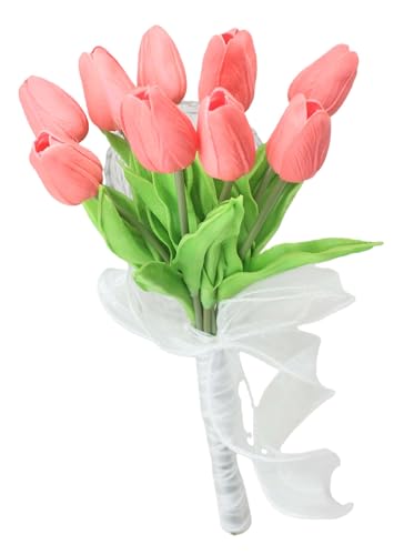 10-Heads Artificial Flowers PU Mini Real Touch Tulip Bouquets for Home Wedding Party Centerpiece Decoration (Coral) - color: Coral