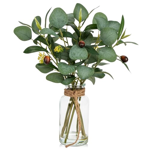 Briful Artificial Eucalyptus Stems in Glass Vase with Faux Water, 14" Fake Plant Olive Leaves for Home Office Farmhouse Wedding Centerpiece Décor - color: Darkolivegreen