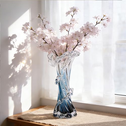 Hand Blown Blue Glass Vase, Unique Art Beautiful Ocean Glass Vase for Coastal Home Decor, Coffee Table, Living Room, Office Decor - 11.8" H(Large) - size: Large