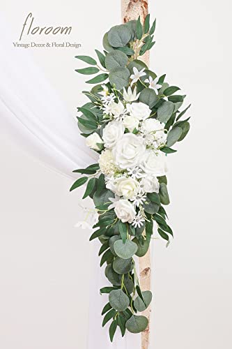 Floroom Arch Flowers with Drapes Kit (Pack of 4) - 2pcs Artificial Ivory & White Floral Swag Arrangement with 2pcs Draping Fabric for Wedding Ceremony Arbor and Reception Backdrop Decoration - color: Ivory Greenery