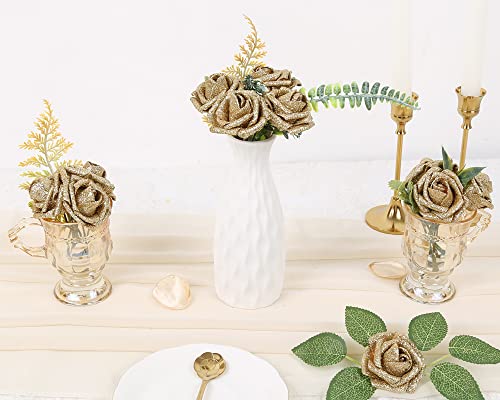 IPOPU Glitter Roses,25PCS Gold Roses Artificial Flowers Fake Rose with Stem for DIY Wedding Bridal Bouquet Home Party Decoration(Gold) - color: Gold