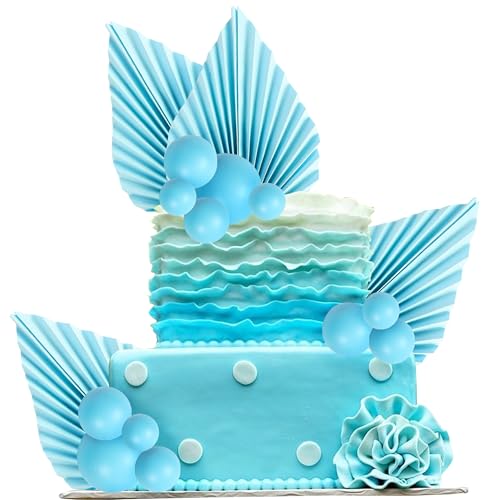 30 Pack Light Blue Paper Palm Fan Cake Topper - Blue Balls Cake Pick for Baby Shower, Wedding, Bridal Shower, Birthday, Anniversary Party - DIY Cake Decorations - color: Design 3 Blue