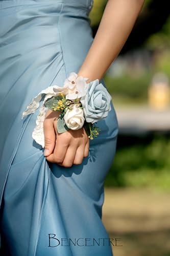 Dusty Blue Corsage for Wedding(Set of 6),Wrist Corsage,Corsage for Prom,Party Prom Hand Flower Decor,Mother of The Bride Corsage, - color: Dusty Blue-01