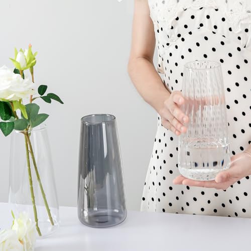 8.3in Clear Glass Vase for Flowers, Ribbed Flower Vase for Table Centerpiece Wedding Home Decor, Modern Glass Vases for Living Room, Bedroom, Dining Table, Office, Birthday Housewarming Gift (Striped) - color: Striped