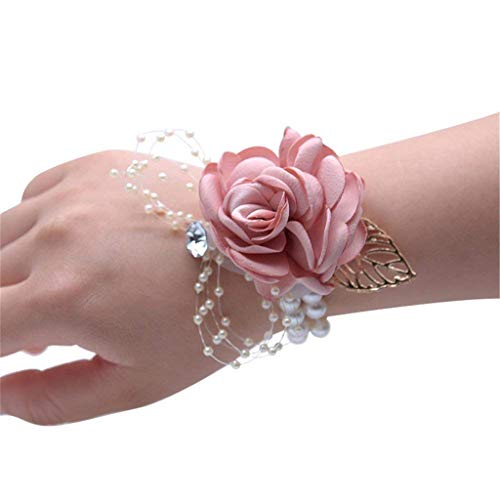 Rose Wedding Wrist Corsage and Boutonniere Set Party Prom Hand Ribbon Flower Suit Decor (Champagne Pink) - color: Champagne Pink