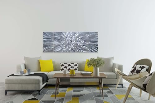YHSKY ARTS Silver Floral Metal Wall Art - Hand Crafted 5 Piece Aluminum Sculpture Set for Living Room and Bedroom Decor - color: Silver Flower Art, size: 64x24IN