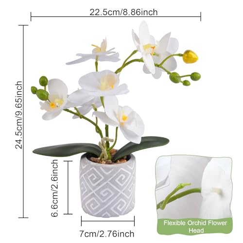 Artificial Orchids Flowers in Pot, Real Touch Faux Orchids Flowers with Vase Small Fake Orchids White Potted Plants for Table Centerpiece Office Room Wedding Kitchen Decoration