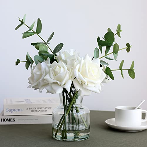 14" Artificial Flowers with White Roses in Vase, Fake Flowers in Artificial Water Vase, Silk Flower Arrangements with Artificial Flowers for Home Dining Table Decor.