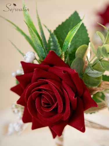 Serwalin 6PCS Burgundy Rose Boutonniere for Men Wedding Groom Groomsmen Best Man Boutonniere for Wedding Ceremony Anniversary Prom Flowers Formal Dinner Party, - color: Red, size: Boutonniere 6pcs