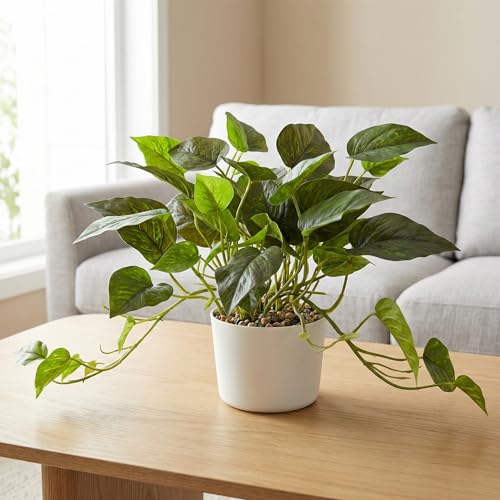 Artificial Plants Faux Pothos with Plastic White Pot Artificial Potted Plant for Home Office Bedroom Indoor Outdoor Decor 1 Pack(Dark Green)