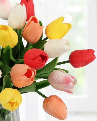 MACTING 30PCS Artificial Tulip Flowers 13.7" Real Touch Fake PU Tulips Bouquet Faux Flowers for Floral Arrangements Table Centerpiece Kitchen Indoor Outdoor Spring Summer Decor (Multi Colors-1) - color: Mix Color1