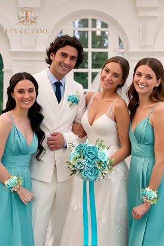 TINGE TIME 9 inch Bridal Bouquets for Bride, Artificial Silk Flowers Tossing Bouquet, Bride Bouquets for Wedding,Ceremony, Anniversary (TealBlue) - color: Teal Blue