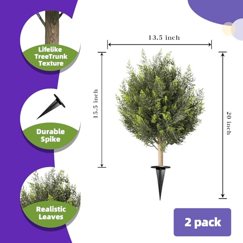 Artificial Cedar Topiary Ball Trees, Set of 2 Fake Shrub Bushes with Ground Spike, UV Resistant Artificial Cypress Trees, Evergreen Shrubs Bushes Faux Plants for Front Porch Garden Backyard - color: Cedar, size: with Ground Spike