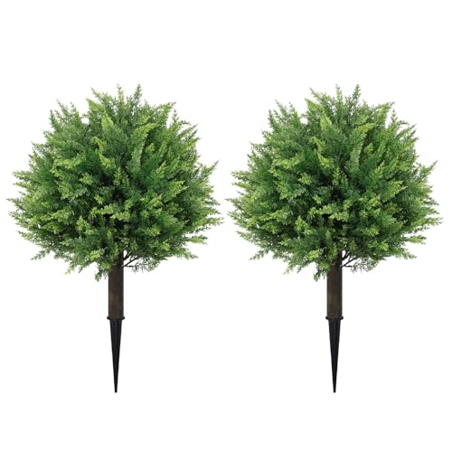 THE BLOOM TIMES Artificial Outdoor Plants, UV Resistant Fake Bushes & Shrubs with Ground Spike, Faux Cedar Topiary for Front Porch Outside Planter Decor Set of 2, Overall 24" - color: Cedar