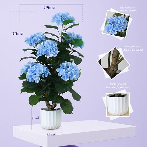 31" Large Artificial Blue Hydrangea Floor Plant, Realistic Faux Silk Floral Arrangement in Black Pot, UV Resistant Tall Outdoor Decorative Flowers for Porch, Patio, Office & Home Entrance - color: Blue