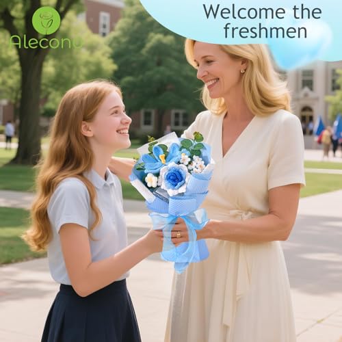 Alecono Crochet Flower Bouquet, Knitted Flowers, Blue Handmade Bouquet of Flowers for Lover Anniversary Birthday Party Mother's Day Graduation Gifts (Include Card) - color: Blue