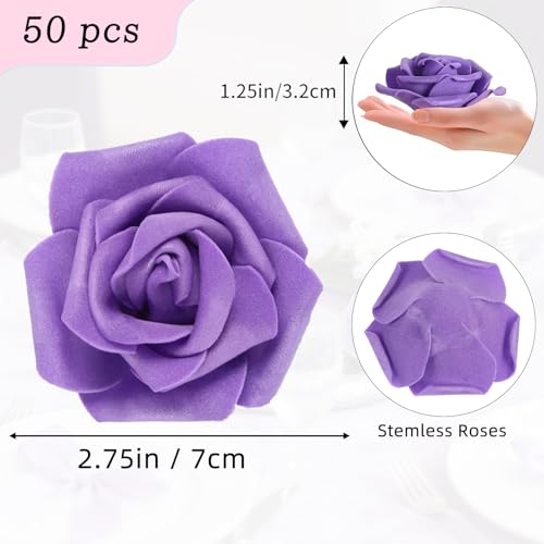 Deep Purple 50 PCS Foam Rose Stemless Artificial Flower Head Bulk 2.75in Mini Fake Simulated Eternal Flores Roses Flower for DIY Craft Bridal Bouquets Centerpieces Arrangement Home Decoration - color: Deep Purple