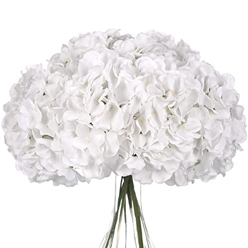Silk Hydrangea Heads with Stems Artificial Flowers Heads for Home Wedding Decor,Pack of 10 (White) - color: White