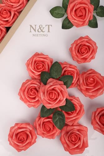 N&T NIETING Artificial Flowers 25pcs Real Touch Coral Foam Fake Roses with Stems for DIY Wedding Bouquets Bridal Shower Centerpieces Floral Arrangements Party Tables Home Decorations - color: Coral, size: 25pcs
