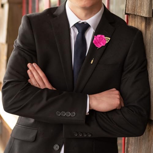 M METERXITY 1-Pack Flower Lapel Pins for Men, Golden Leaf Rose Boutonnieres Pin Groom Boutonnieres for Wedding/Dance/Party, Men Lapel Pins for Suits Satin Flower Corsage [Rose Red] - color: Rose Red