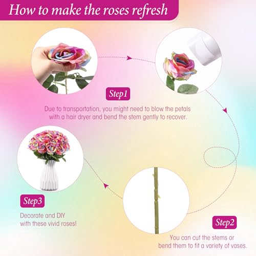 Hotop 40 Pcs Rose Artificial Flowers Bulk with Long Stem,Realistic Silk Fake Roses Bouquet for Home Wedding Centerpieces Party Table Decoration Valentines Gifts(Rainbow Color) - color: Rainbow Color