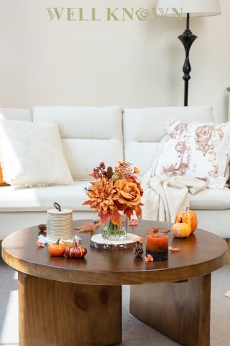 WELL KNOWN Artificial Flowers in Glass Vase, Burnt Orange Silk Rose Dahlia Flower Pine Berry Bouquet with Fake Water for Winter Home Dinning Coffee Table Wedding Chritmas Party Kitchen Decor & Gift - color: Burnt Orange Maple
