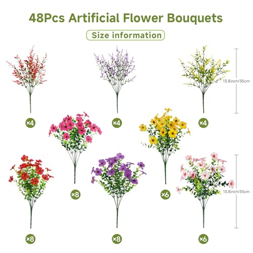 SHareconn 48 Bundles Artificial Flowers for Outdoors Decoration, Faux Plants Fake Silk Colorful Daisy Eucalyptus Lavender, UV Resistant for Outside Home Porch Patio Indoor Spring Decor, Mix 5 Colors - color: Redrosypurpleyellowpink