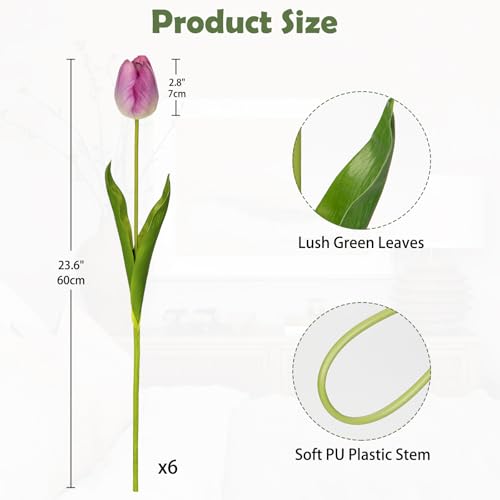 6PCS 23" Fake Tulip Flowers Artificial Violet Tulips Long Stem Faux Flower, Silk Flower Décor for Floral Arrangement Home Farmhouse Wedding Decoration - color: Violet