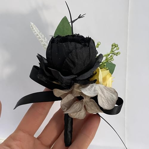 Corsage and Boutonniere Set, Handmade Artificial Peony Rose Wrist Corsage Wristlet and Groom Boutonniere for Men Wedding Prom Suit Decorations (Black and Yellow) - color: Black and Yellow