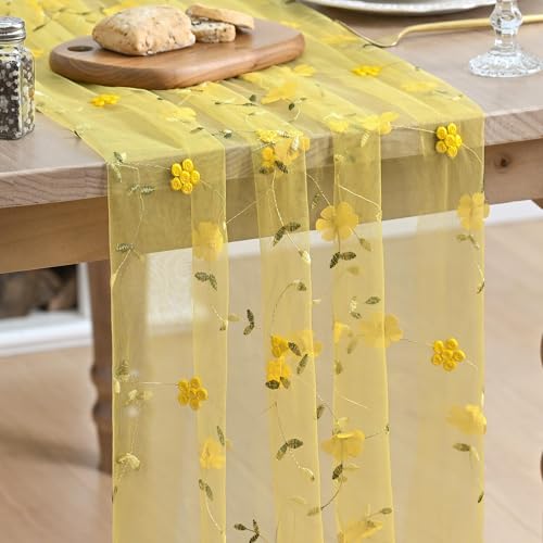 Artoid Mode 3D Flower Yellow Gauze Embroidery Table Runner 120 Inch 10FT, Tulle Seasonal Spring Kitchen Dining Holiday Table Decor for Home Party - color: Yellow