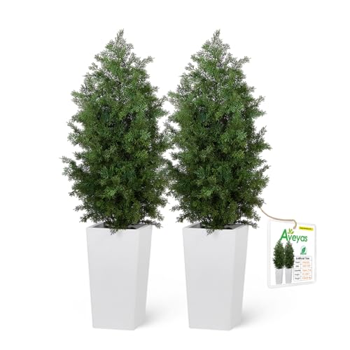 Aveyas 4ft Artificial Cedar Topiary Trees, 4 Feet Faux Potted Plants Evergreen Fake Pine Cypress Tree for Outdoor Porch Home Outside Door Decor (4 ft Tall Including Raised Pot) - Set of 2 Pack - color: Cedar Topiary Trees - 2 Pack (4ft)