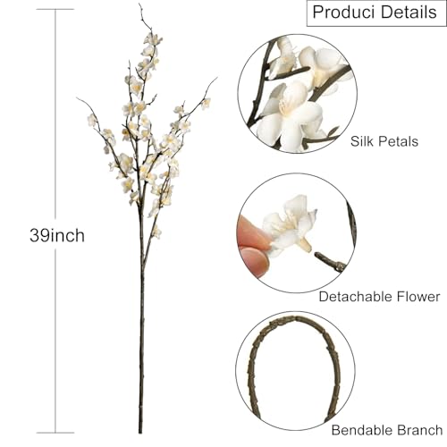 BohoSM 5pcs 39'' Cherry Blossom Branches Silk for Artificial Stems Vase Wedding Decor (5, White) - color: White