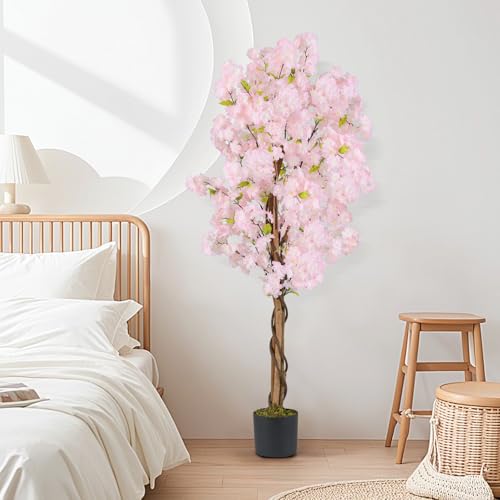 GOFLAME 5FT Artificial Cherry Blossom Tree, 2 Pack Faux Pink Silk Plant with Solid Wood Trunk, Realistic Moss and Nursery Pot, Fake Sakura Flower Tree for Home Office Indoor Decor