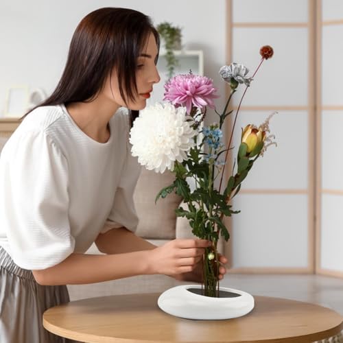 Flower Frog Vase Kit, Japanese Ikebana Flower Arrangement with 1.57 Inch Kenzan Ceramic White Pebble Shaped Bowl, 2-in-1 Flowers Arrangement Kenzan Needle Straightening Tool(Color:White) - color: White