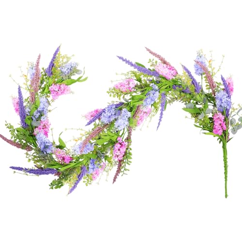 Giegxin 1 Pcs 6 ft Artificial Flower Garland with Lilac and Lavender Purple Pink Flower Fake Wisteria Vines Summer Greenery Eucalyptus Garland for Wedding Mantle Porch Stair Table Indoor Decor - style: Lilac