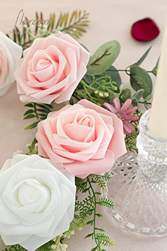 Floroom Artificial Flowers 25pcs Real Looking Blush Ombre Colors Foam Fake Roses with Stems for DIY Wedding Bouquets Bridal Shower Pink Centerpieces Floral Arrangements Party Tables Home Decorations - color: Shades of Blush