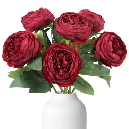 6PCS Peonies Artificial Flowers 19.7" Vintage Burgundy Faux Flowers Silk Fake Peony Flowers Stems for Wedding Bridal Bouquet Party Office Home Floral Arrangements (Burgundy) - color: Burgundy